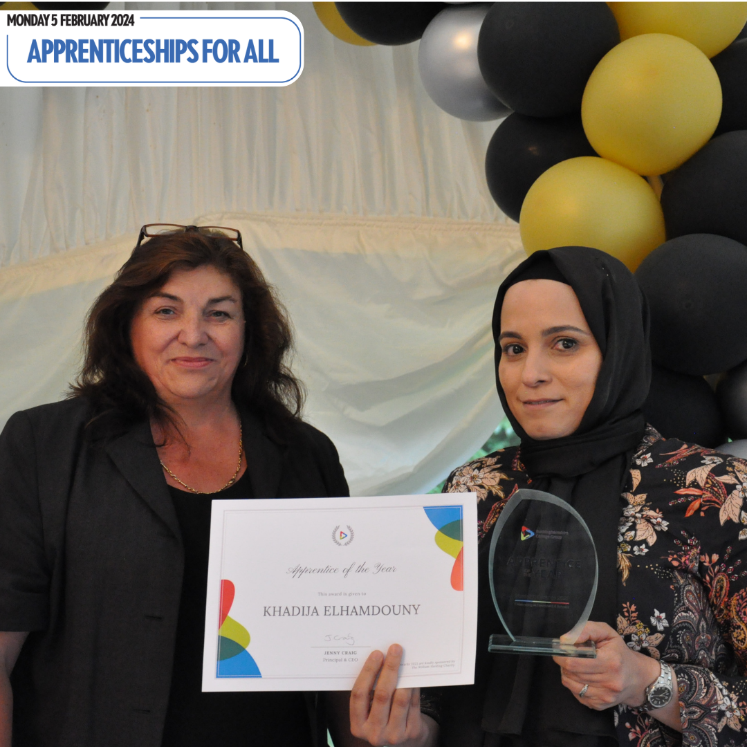 Khadija hold certificate that says 'Apprentice of the Year' 